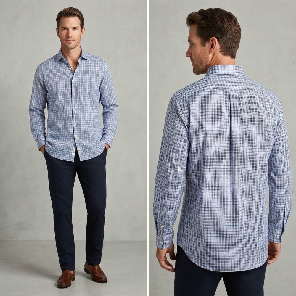 Peter Millar Mens Blue Brown Plaid Cotton Button Down Shirt Large MS13W08